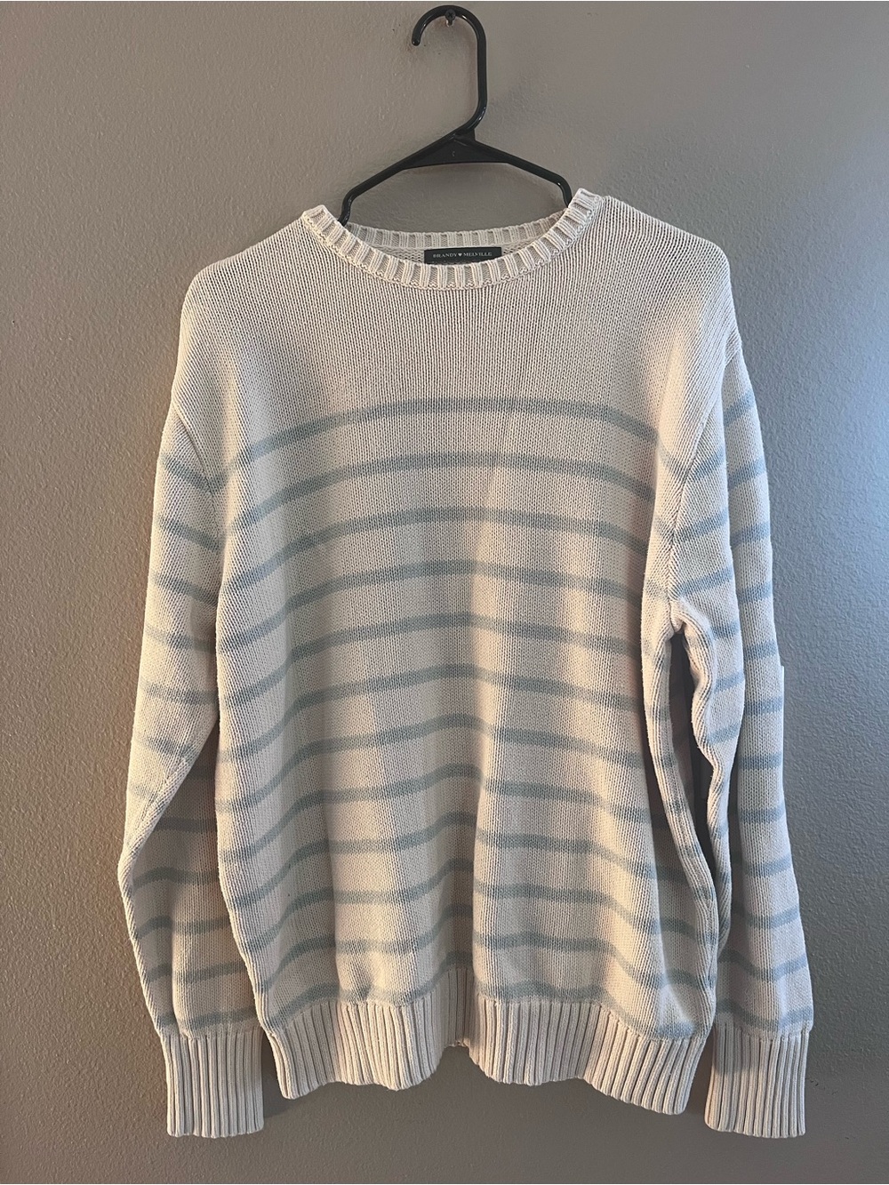 Brandy Melville Cream Crewneck with Pale Blue Stripes